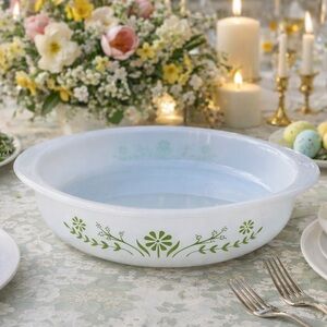 Glasbake 8” J2429 Green Daisy or Primrose Dream Glass Deep Baking Dish Vintage